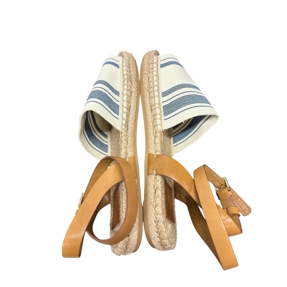 Tory Burch Espadrille Awning Sandals Size 8.5‎ Ivory/Blue Canvas Summer Chic